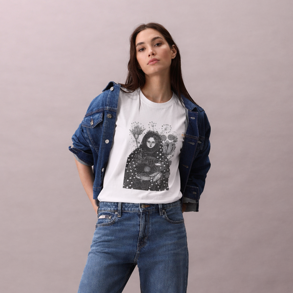 Woman wearing a denim jacket, graphic t-shirt, and jeans on a plain background