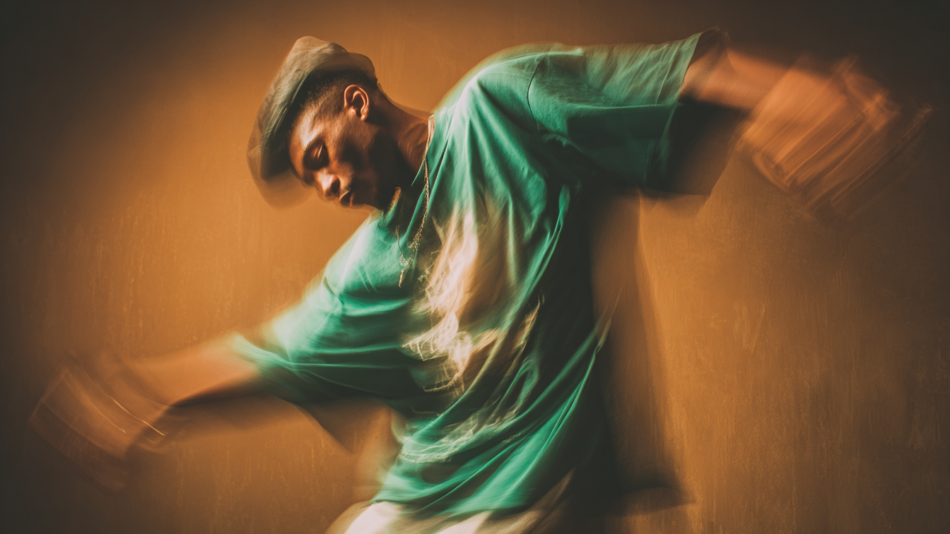 Person in a green shirt sitting against a warm-toned wall