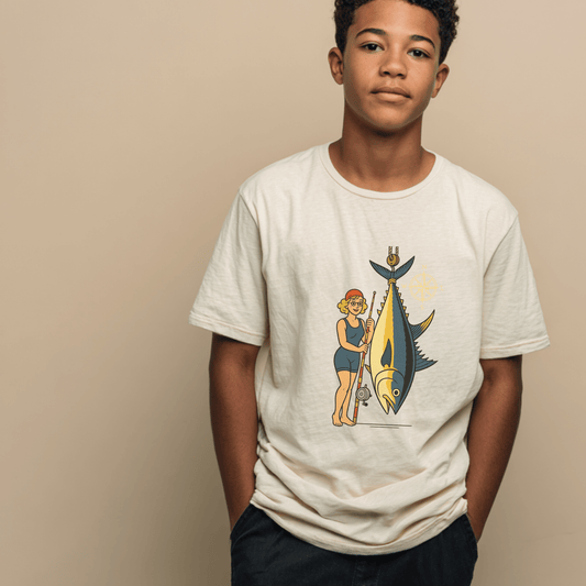 Vintage Fishing Girl Teen T-Shirt | Retro Angler Art Tee