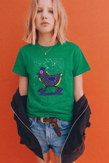 Roller Skating Chicken Linocut  Del Lago Greenwich